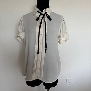 Lauren Ralph Lauren Cream Crinkle Georgette Puff Sleeve Shirt Pussybow Blouse